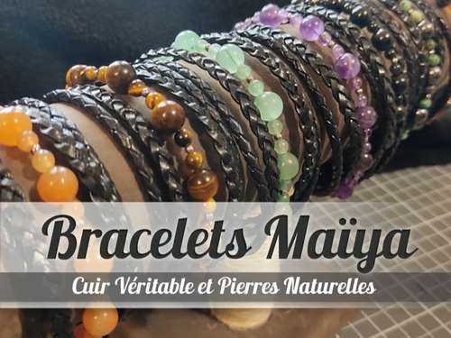 Menu bracelet Maïya tresse en cuir de buffle et perles naturelles personnalisable